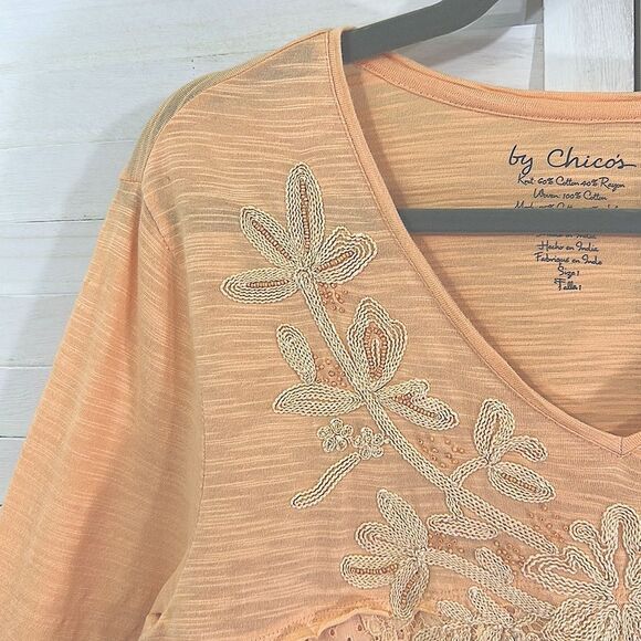 Chico's Slub Tee Size 1 (8) Medium Embroidered Lace Orange - Picture 6 of 13